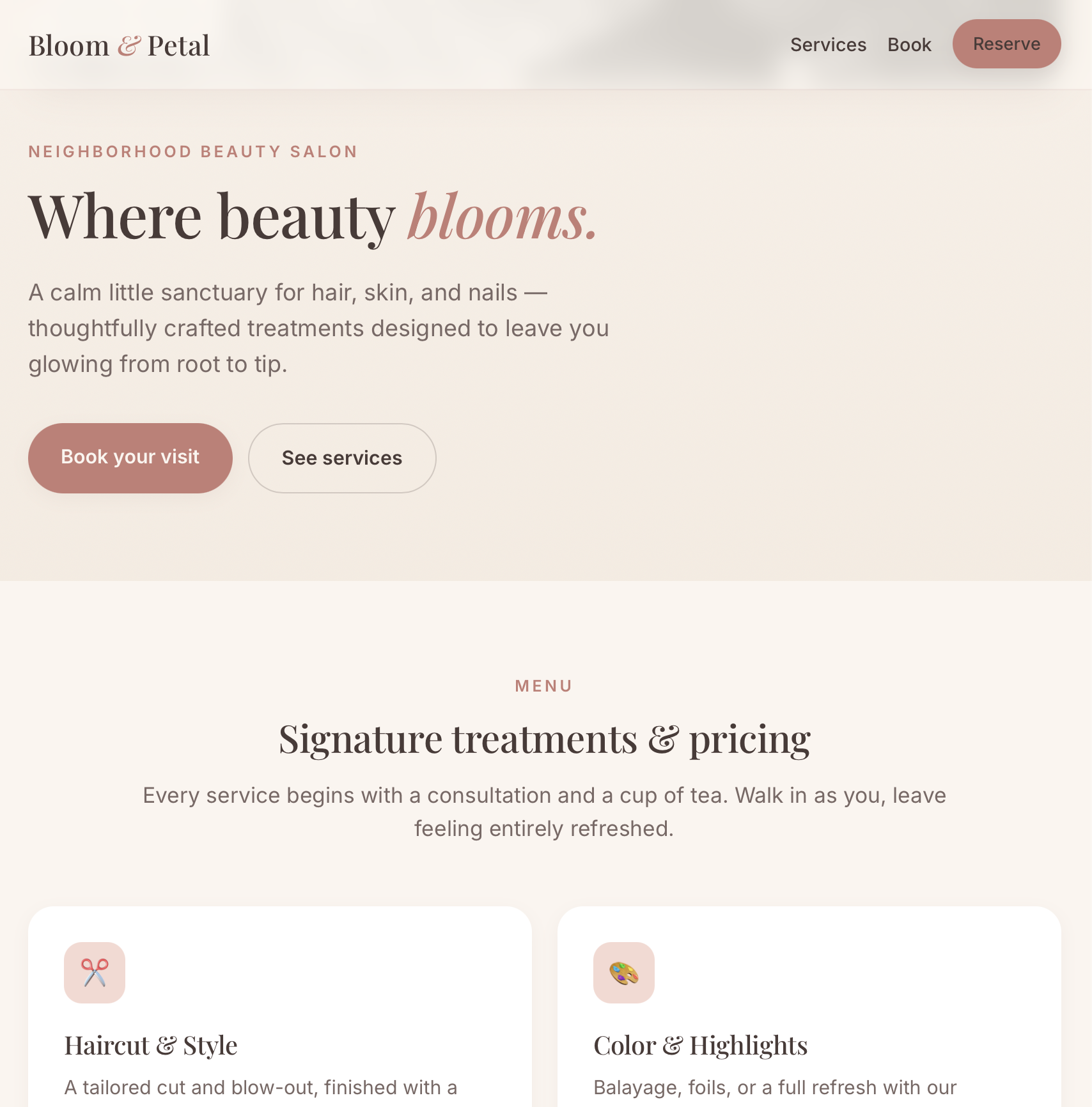 Bloom & Petal beauty salon website example